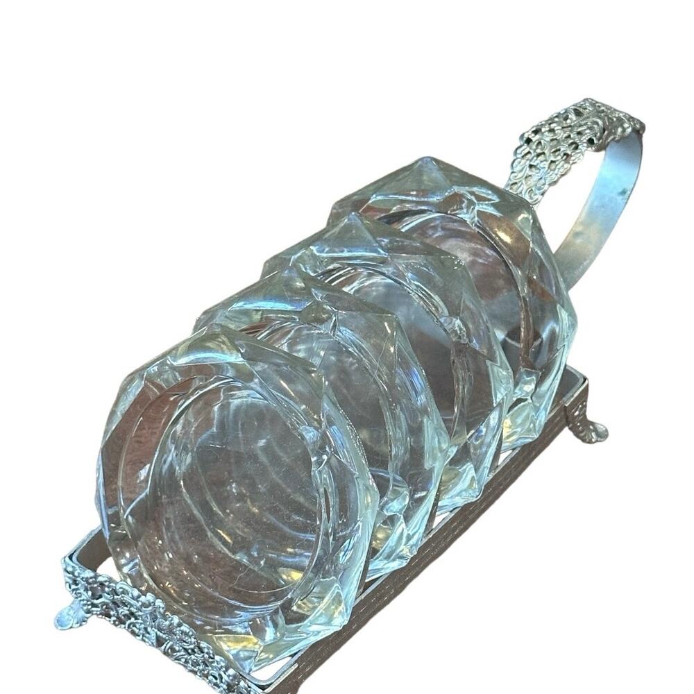 Vintage Mid Century Glass Ashtray & Caddy Set Floral-Like New